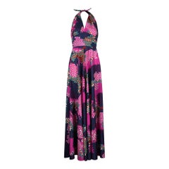 1970s Navy and Pink Geometric Print Halterneck Dress