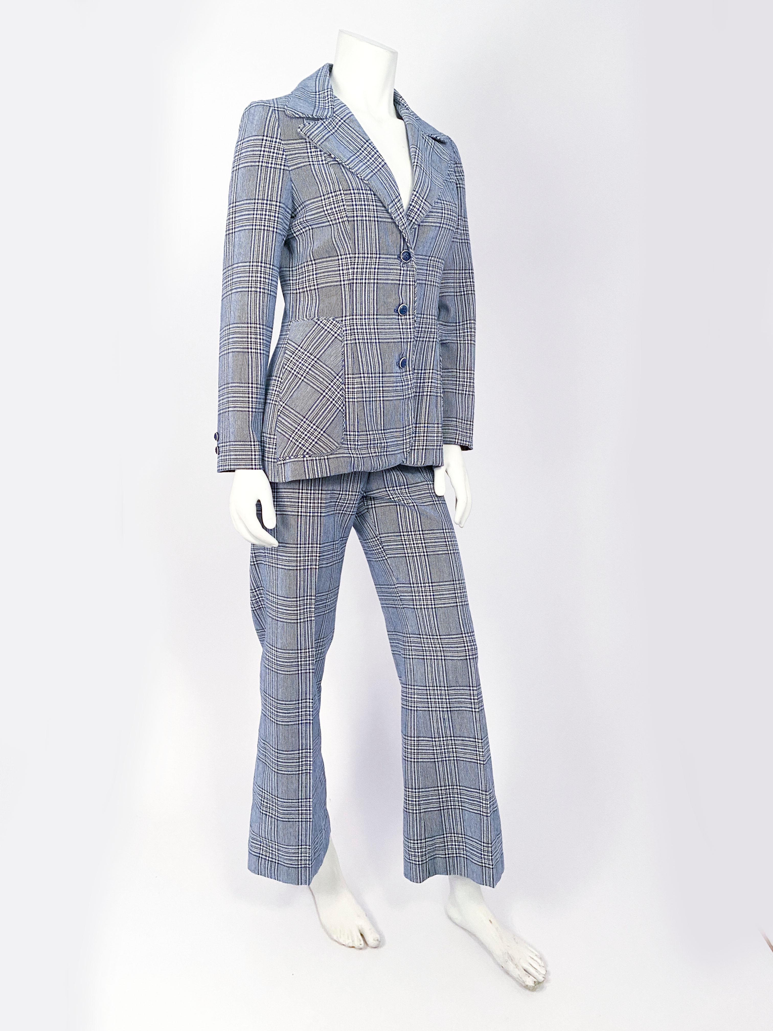 Gray 1970s Navy and White Plaid Mod Pant Suit
