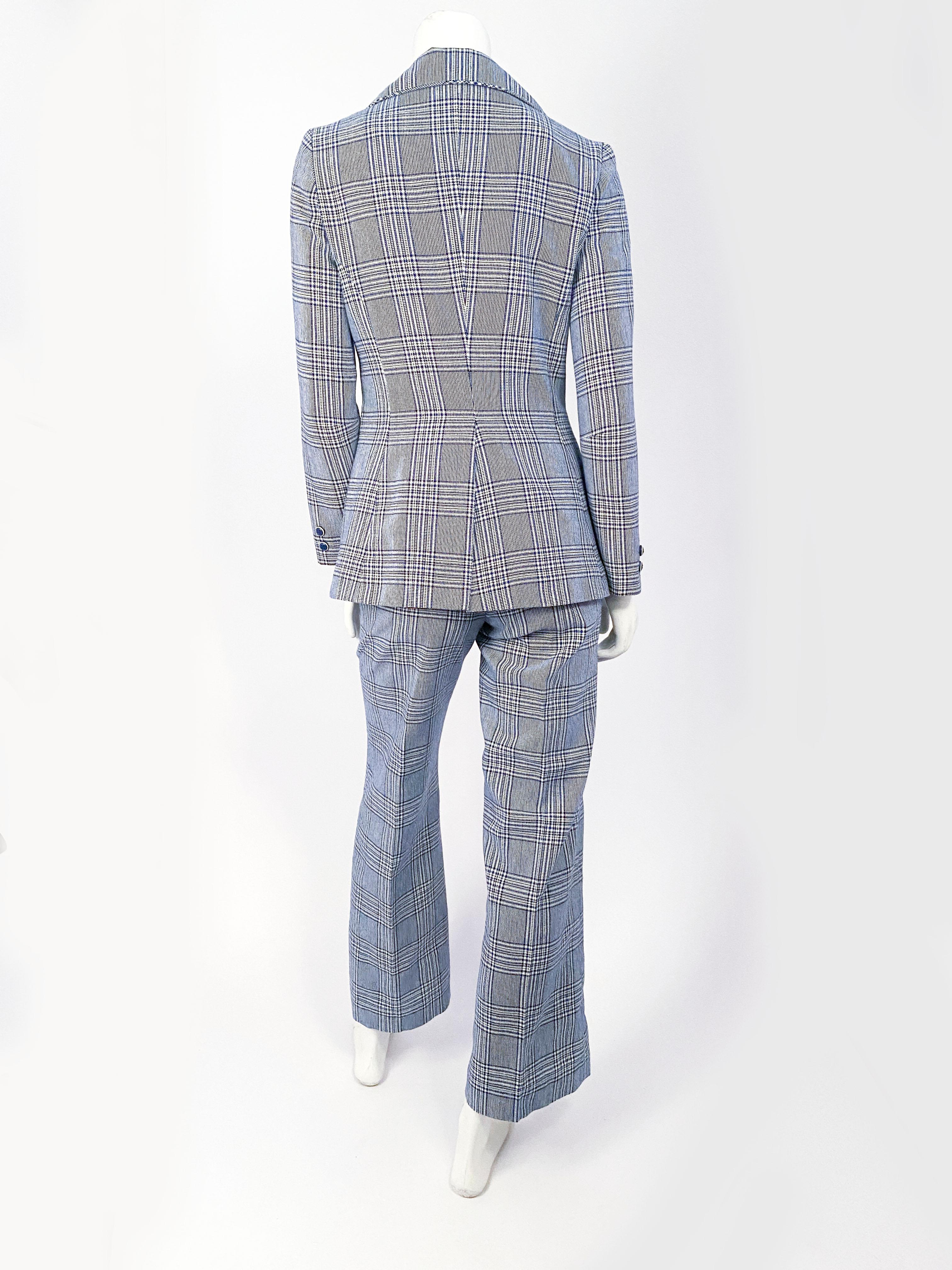 Women's 1970s Navy and White Plaid Mod Pant Suit