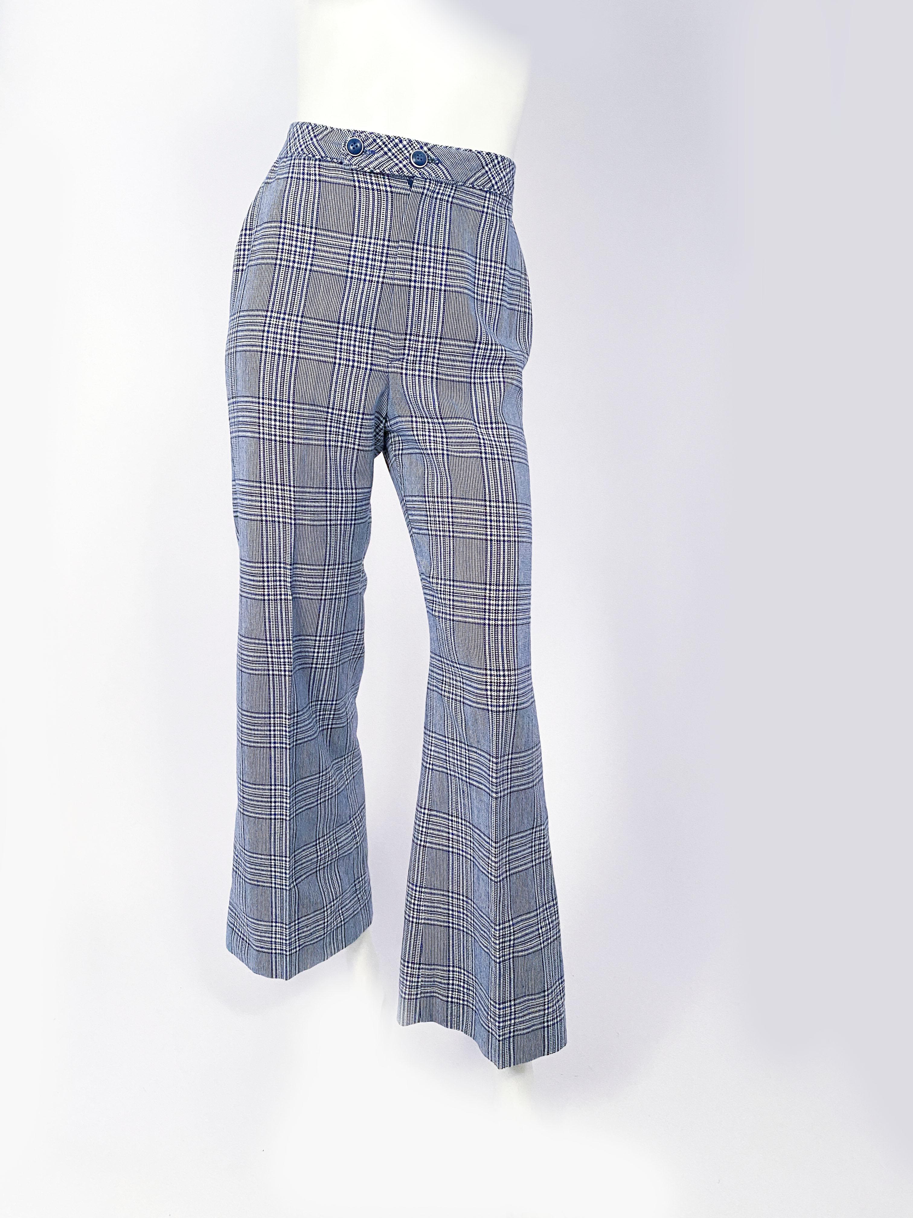 1970s Navy and White Plaid Mod Pant Suit 1