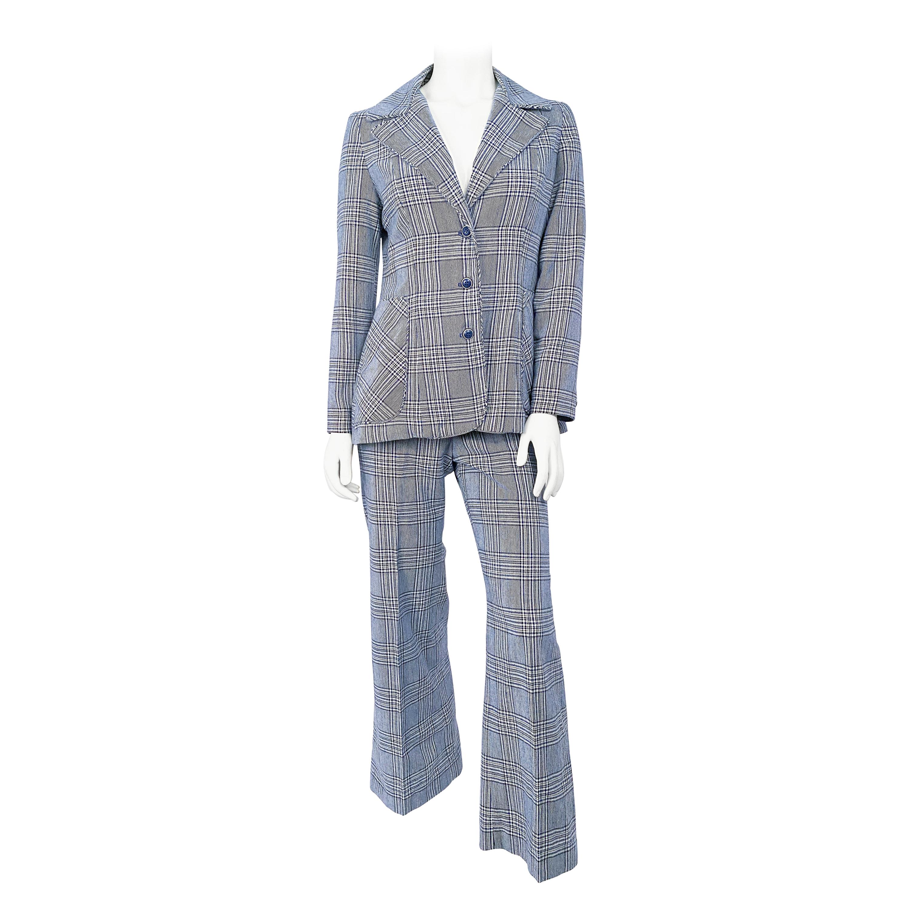 1970s Navy and White Plaid Mod Pant Suit