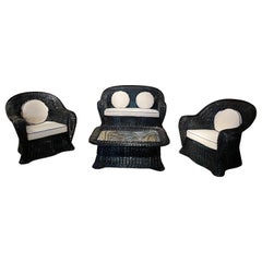 1970s Navy Bleu Rattan Set