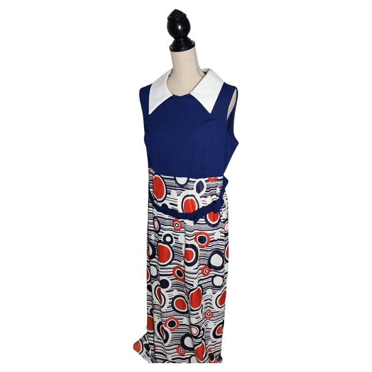 1970s Navy Blue And Geometric Print Colorblock Dress With Contrast Collar