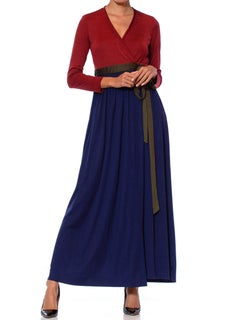 1970S Navy Blue & Burgundy Polyester Jersey Long Sleeve Disco Wrap Dress