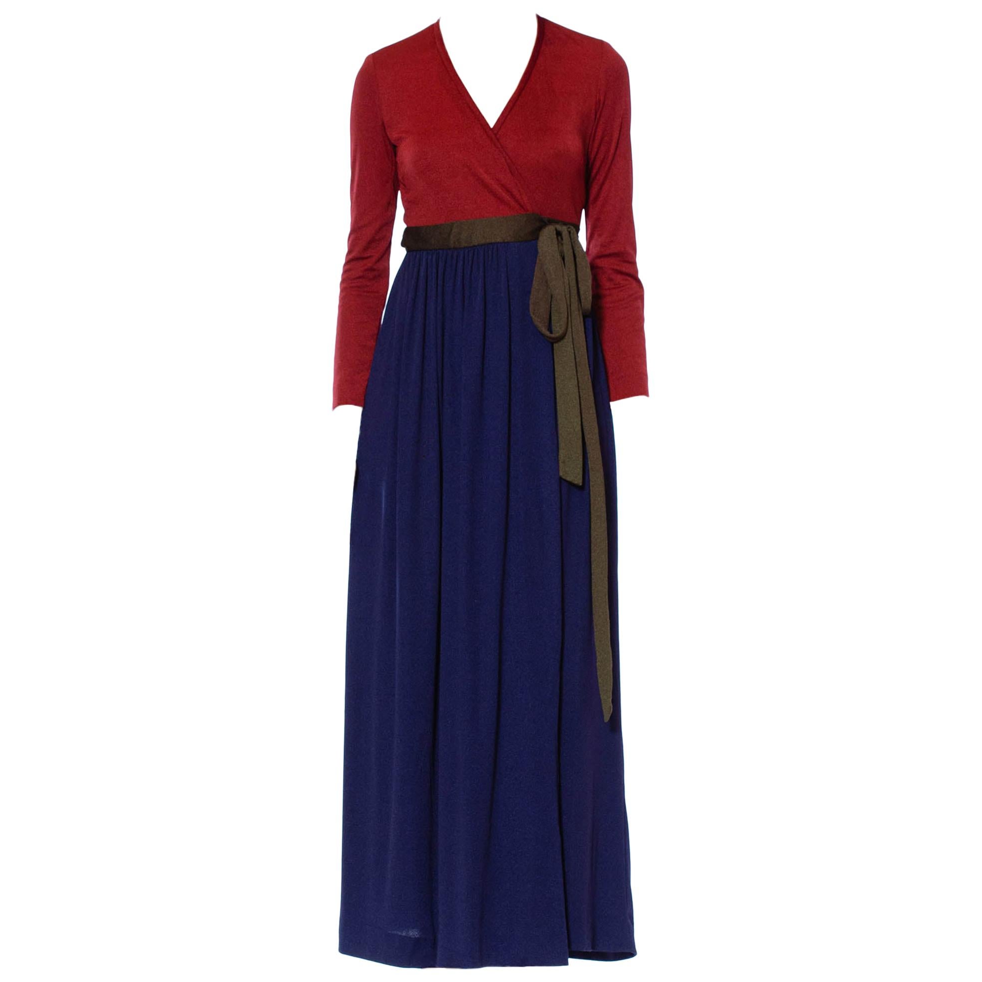 1970S Navy Blue & Burgundy Polyester Jersey Long Sleeve Disco Wrap Dress