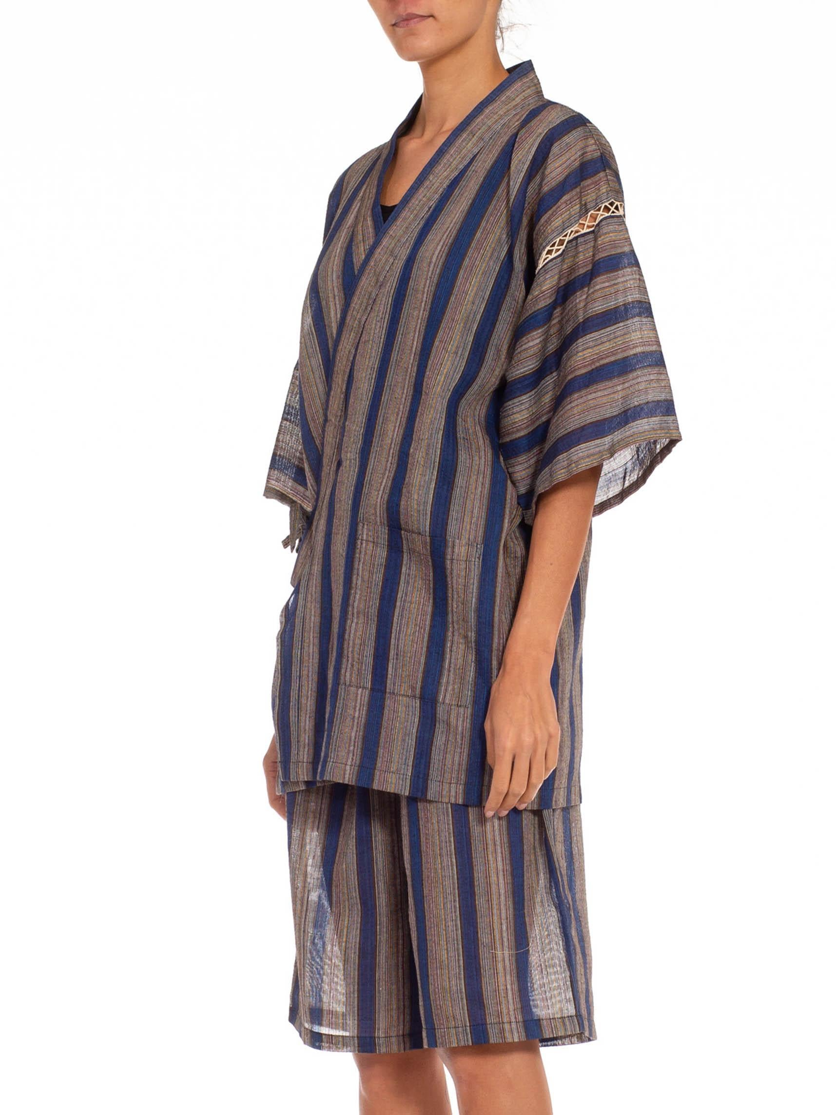 1970S Navy Blue & Grey Cotton Blend Japanese Striped Ensemble In Excellent Condition For Sale In New York, NY