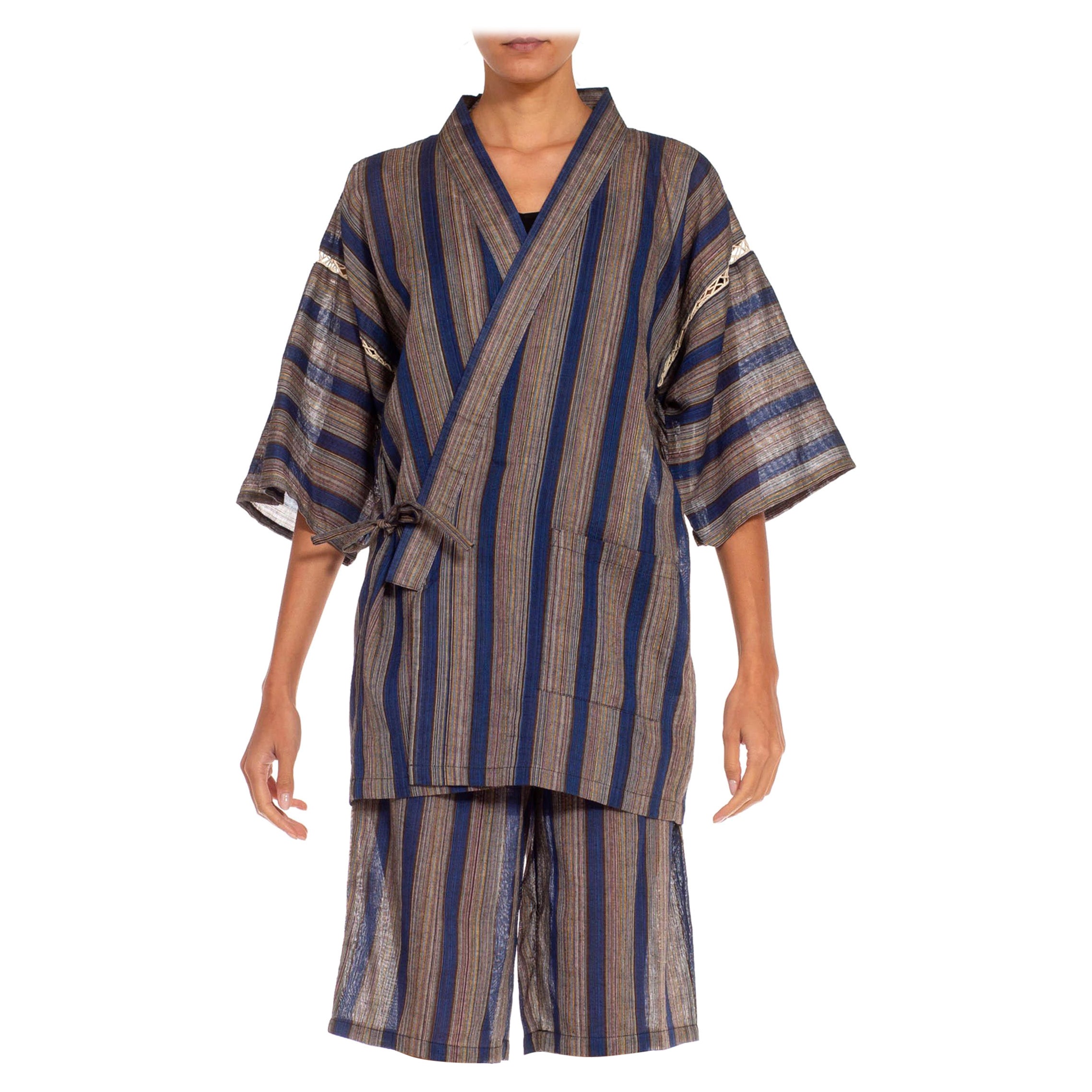 1970S Conjunto de rayas japonesas en mezcla de algodón azul marino y gris