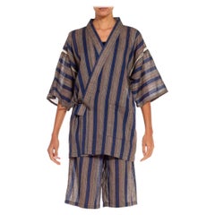 1970S Conjunto de rayas japonesas en mezcla de algodón azul marino y gris