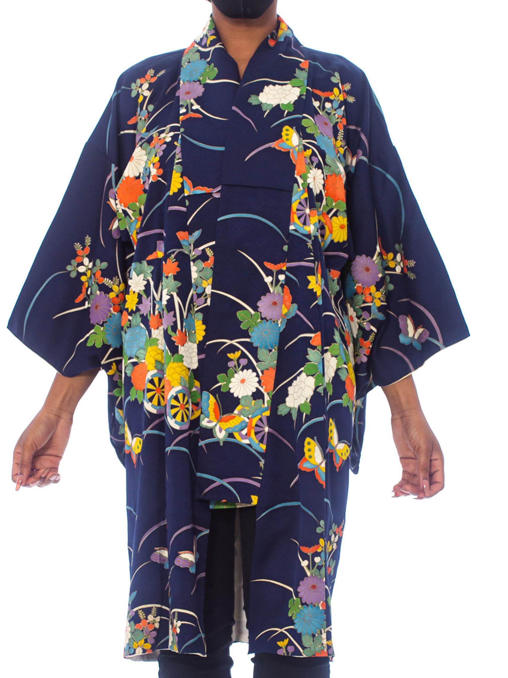 Black 1970'S Navy Blue Japanese Silk Kimono With Flowers + Butterflies