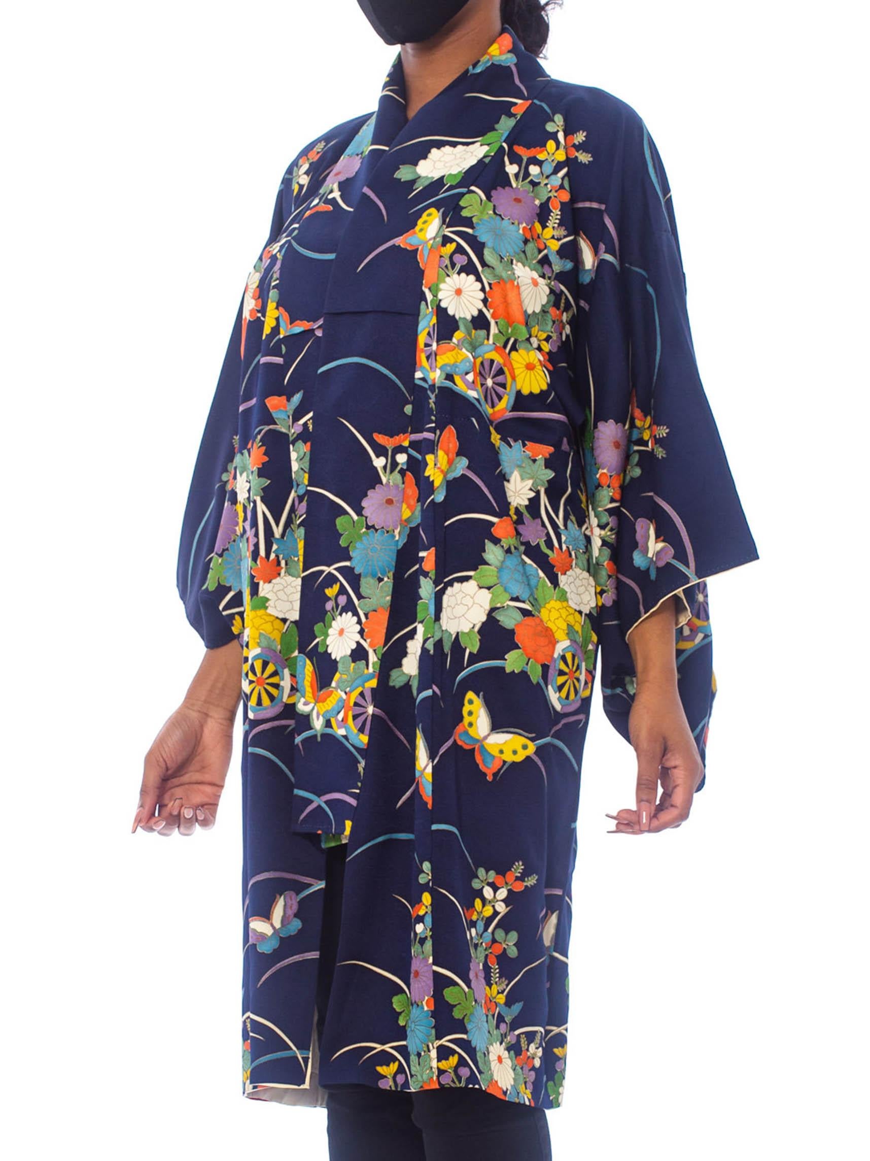 1970'S Navy Blue Japanese Silk Kimono With Flowers + Butterflies In Excellent Condition In New York, NY
