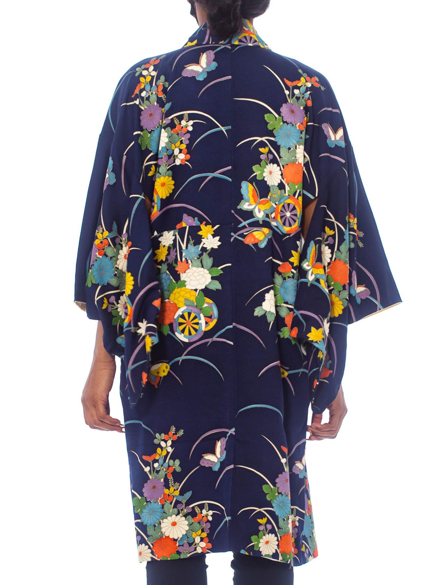 1970'S Navy Blue Japanese Silk Kimono With Flowers + Butterflies 1