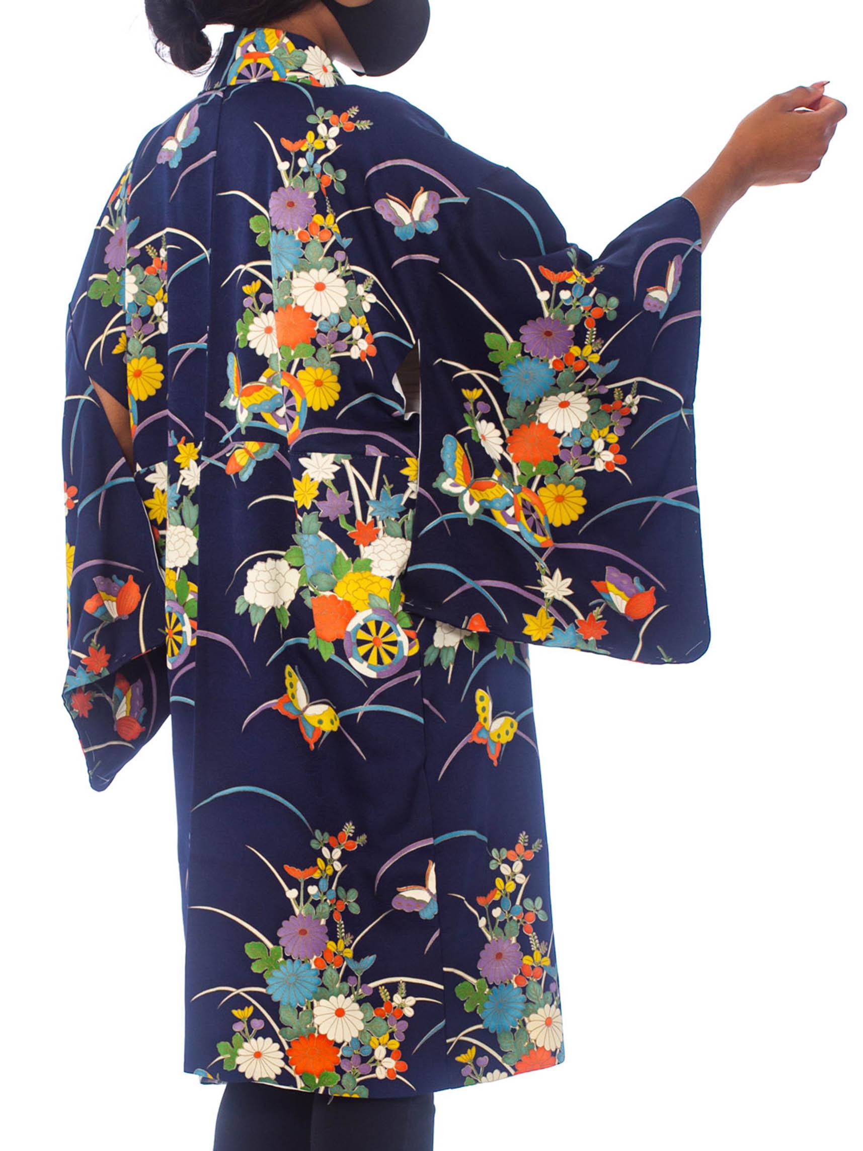 1970'S Navy Blue Japanese Silk Kimono With Flowers + Butterflies 2