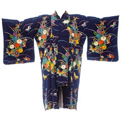 1970'S Navy Blue Japanese Silk Kimono With Flowers + Butterflies