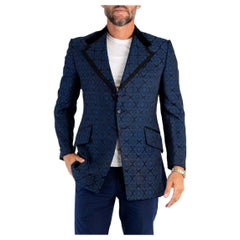 1970S Navy Blue Poly Blend Jacquard Dinner Jacket With Black Velvet Lapels