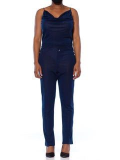 1970S Navy Blue Polyester Jersey Sexy Disco Jumpsuit