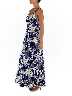 1970S Navy Blue Polyester Jersey White And Yellow Mod Floral Maxi Dress