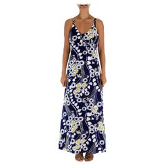 1970S Navy Blue Polyester Jersey White And Yellow Mod Floral Maxi Dress
