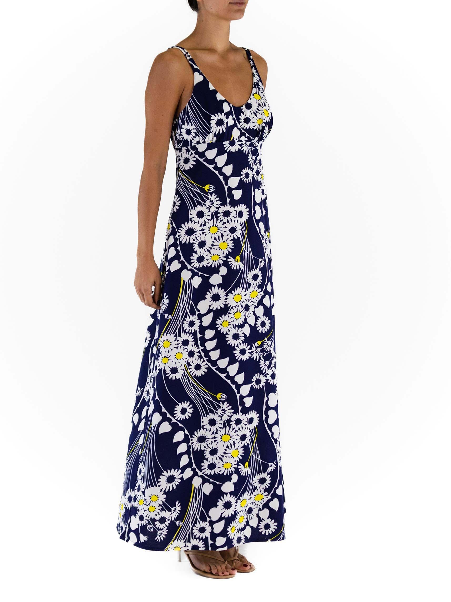 Women's or Men's 1970s Navy Blue Polyester Jersey White & Yellow Mod Floral Maxi Dress For Sale