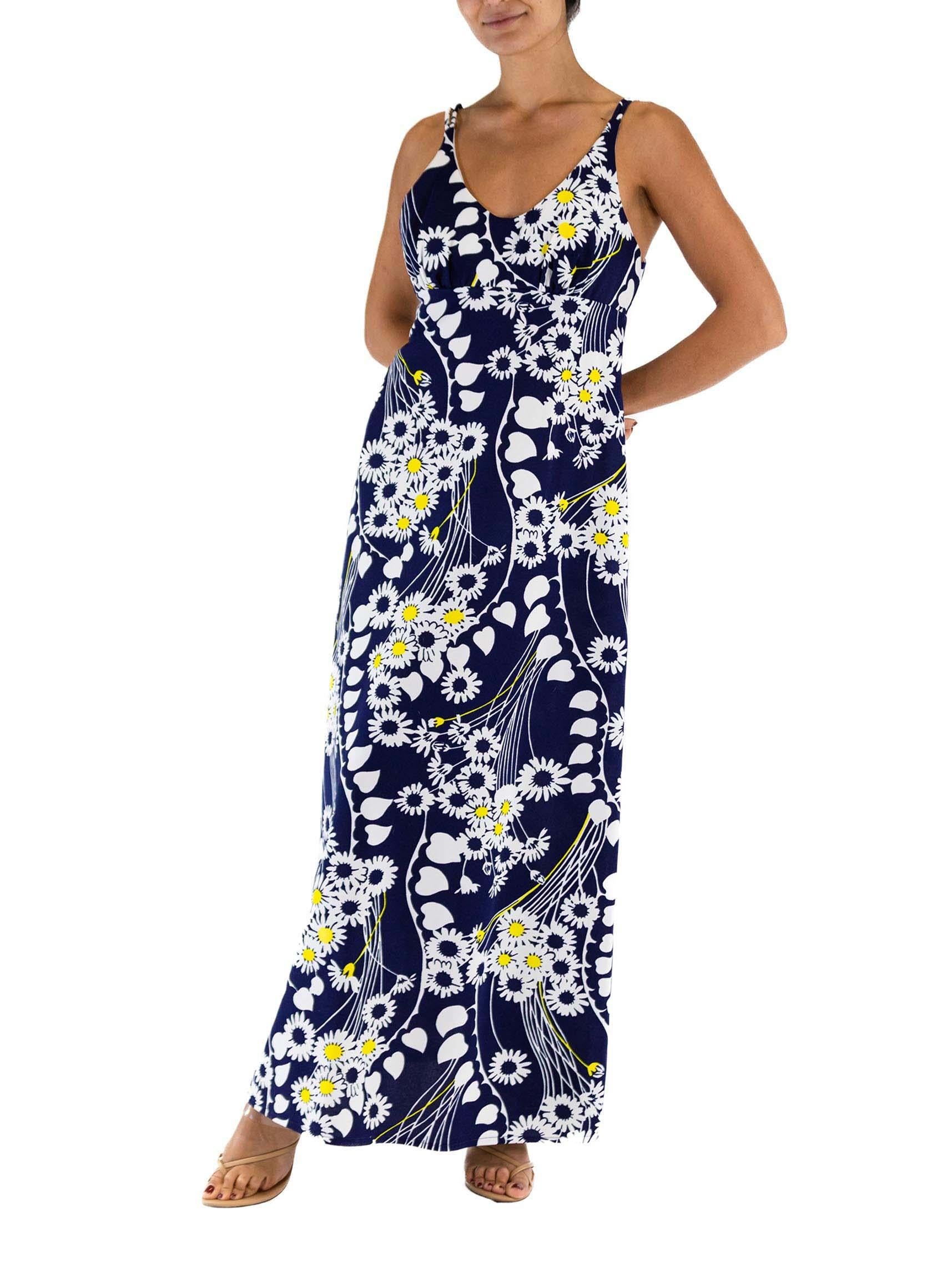 1970s Navy Blue Polyester Jersey White & Yellow Mod Floral Maxi Dress For Sale 2
