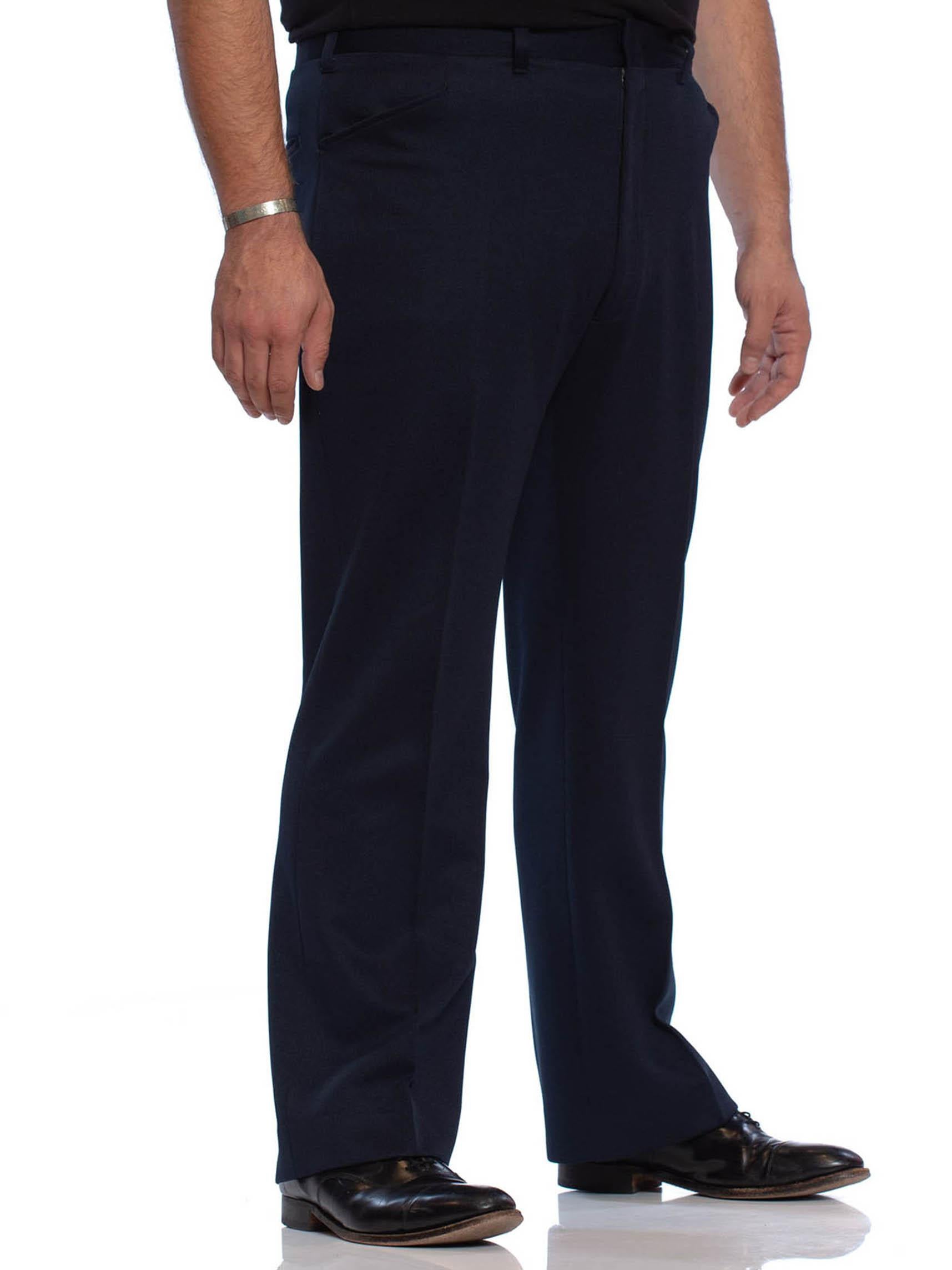 1970'S Navy Blue Polyester Knit Men's Disco Flared Pants In Good Condition For Sale In New York, NY