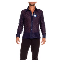 1970S Navy Blue Polyester Lace Dead Stock Disco Shirt