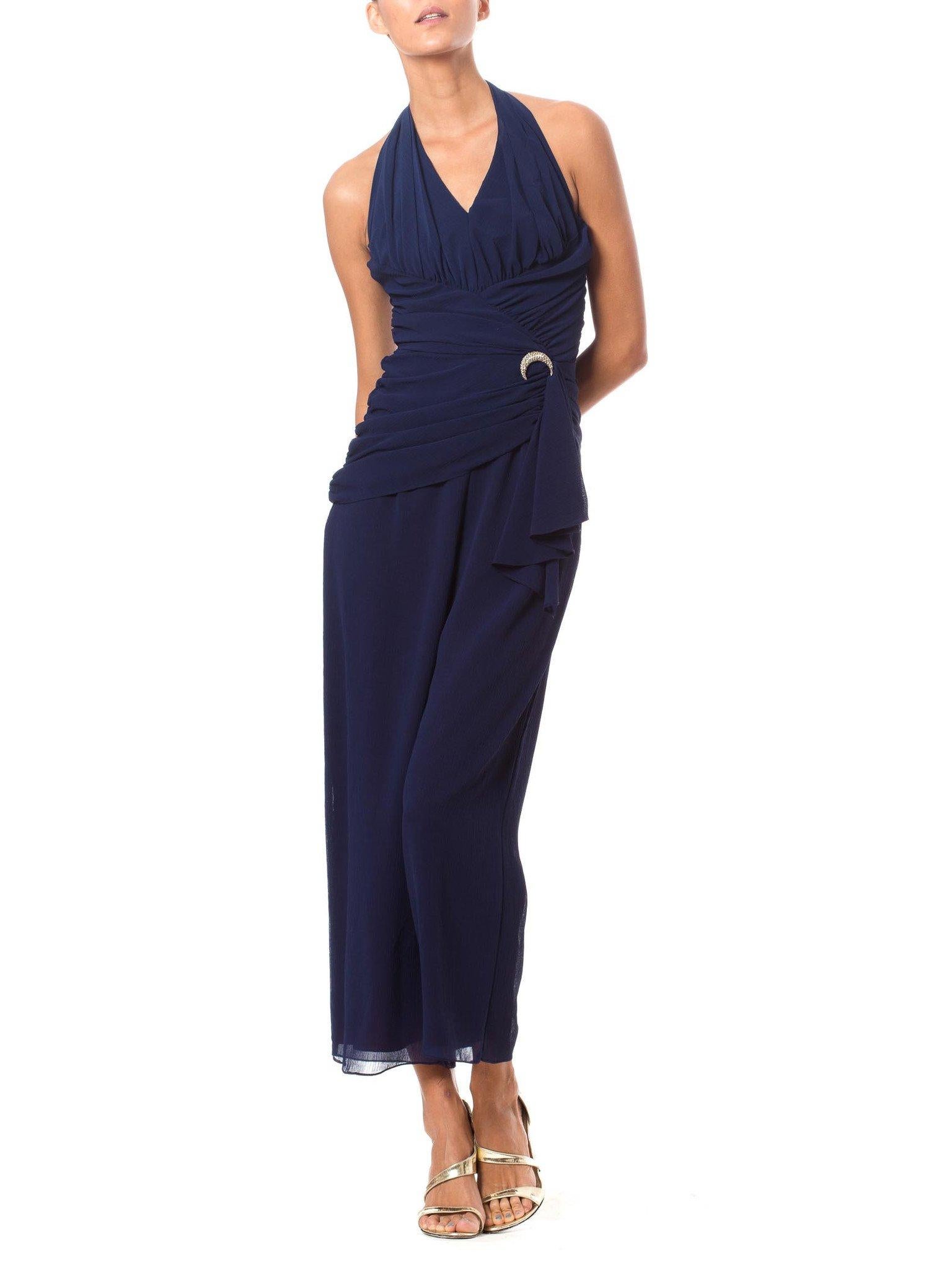 1970S Navy Blue Polyester Mousseline Halter Top Jumpsuit With Draped Waistline & Crystal Buckle