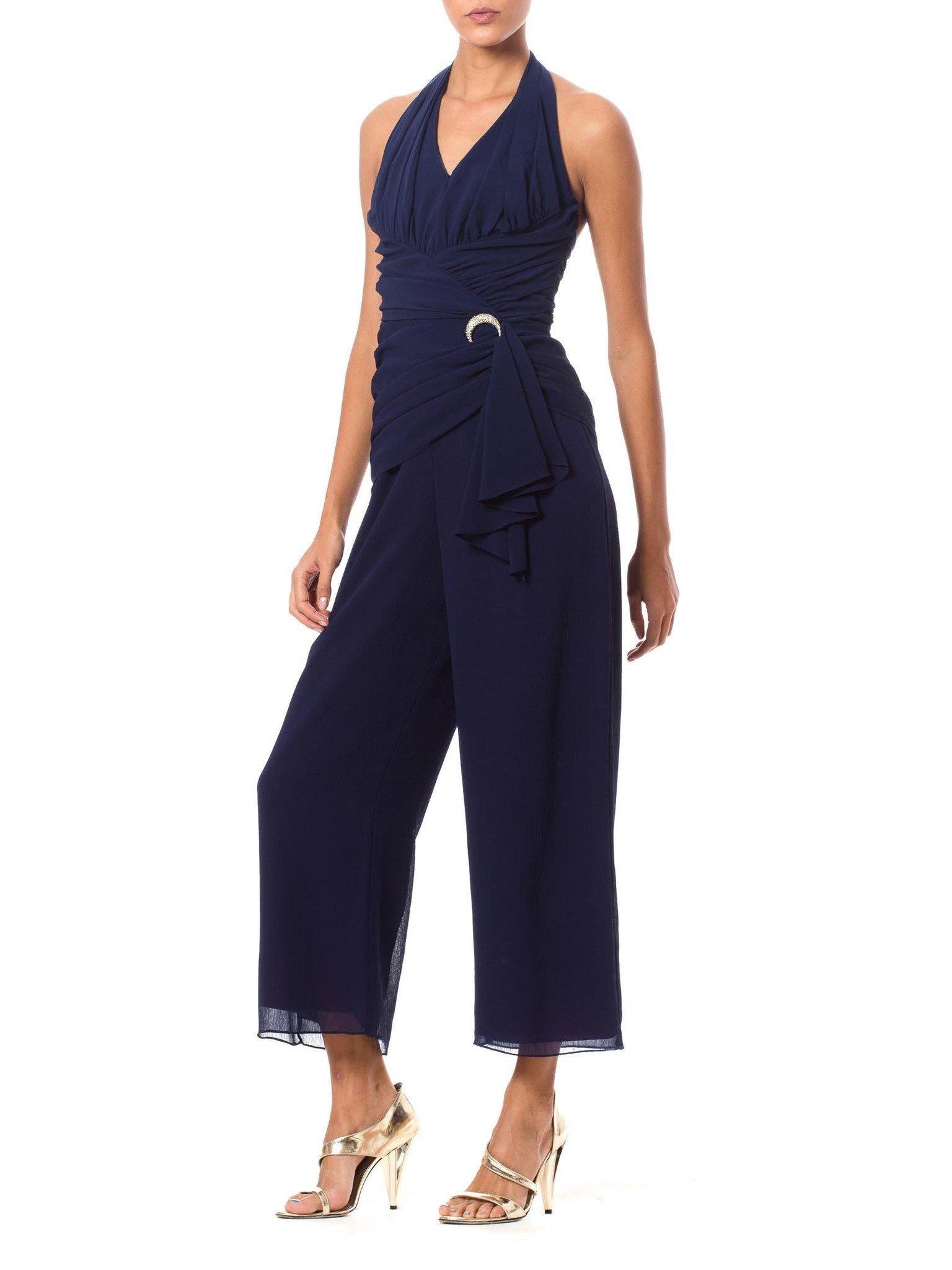 Black 1970S Navy Blue Polyester Mousseline Halter Top Jumpsuit With Draped Waistline For Sale