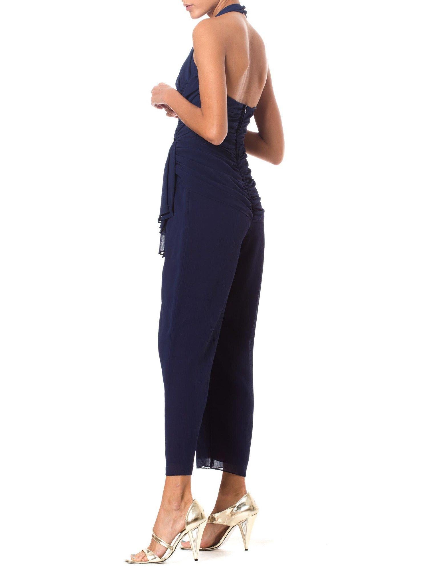 Women's 1970S Navy Blue Polyester Mousseline Halter Top Jumpsuit With Draped Waistline  For Sale