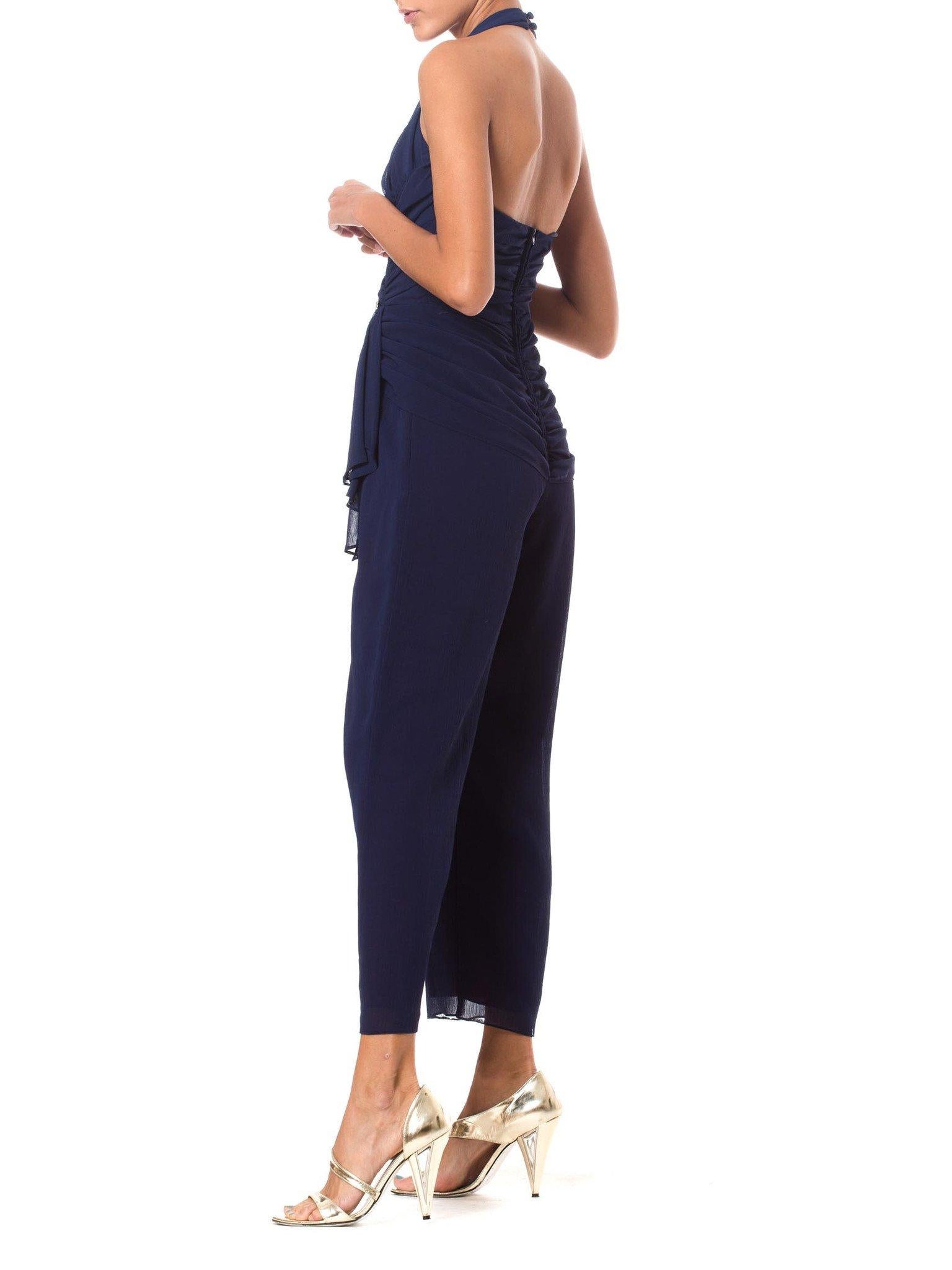 1970S Navy Blue Polyester Mousseline Halter Top Jumpsuit With Draped Waistline In Excellent Condition For Sale In New York, NY