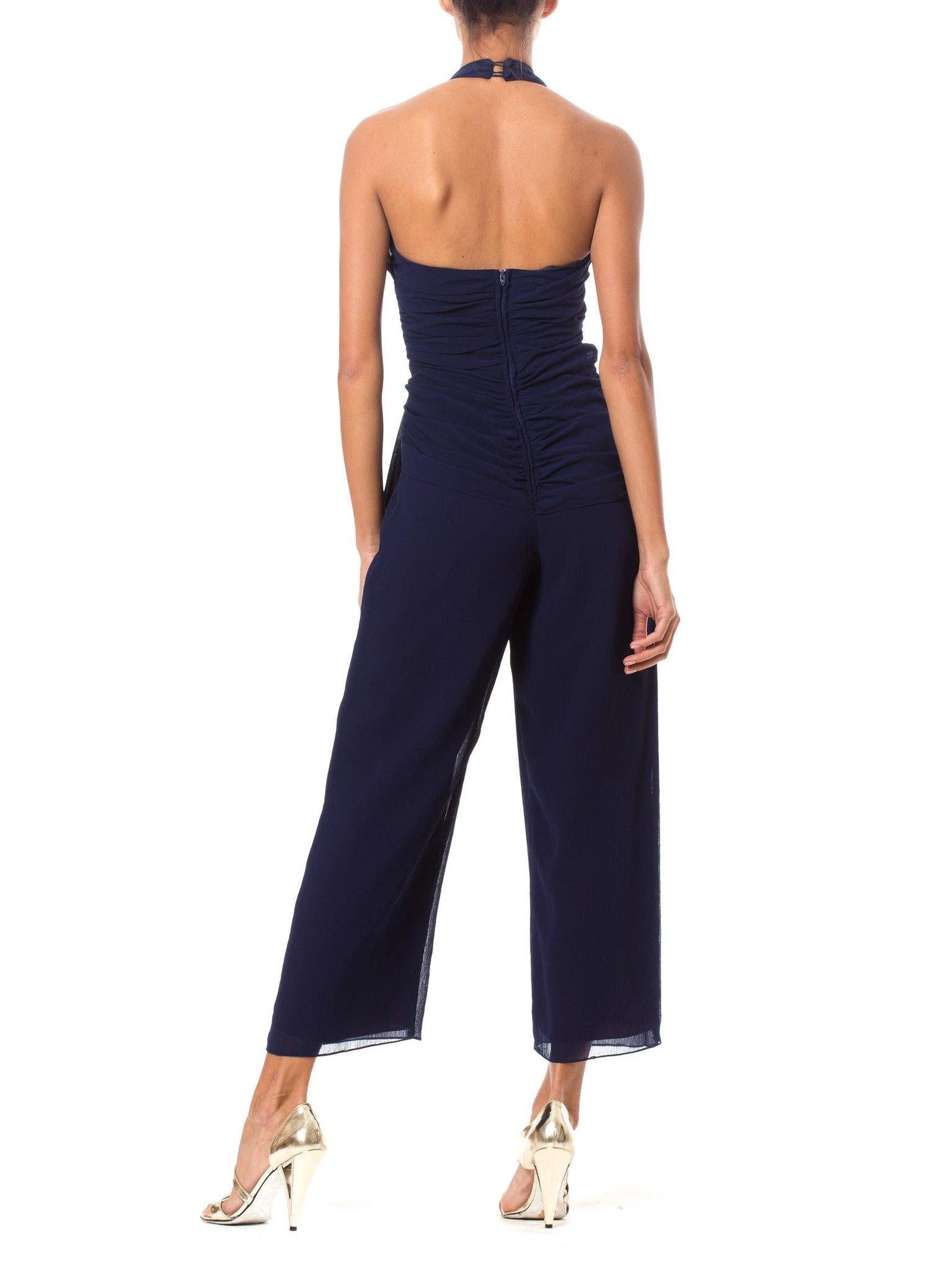 1970S Navy Blue Polyester Mousseline Halter Top Jumpsuit With Draped Waistline  For Sale 1