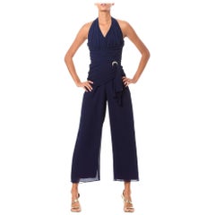 Vintage 1970S Navy Blue Polyester Mousseline Halter Top Jumpsuit With Draped Waistline