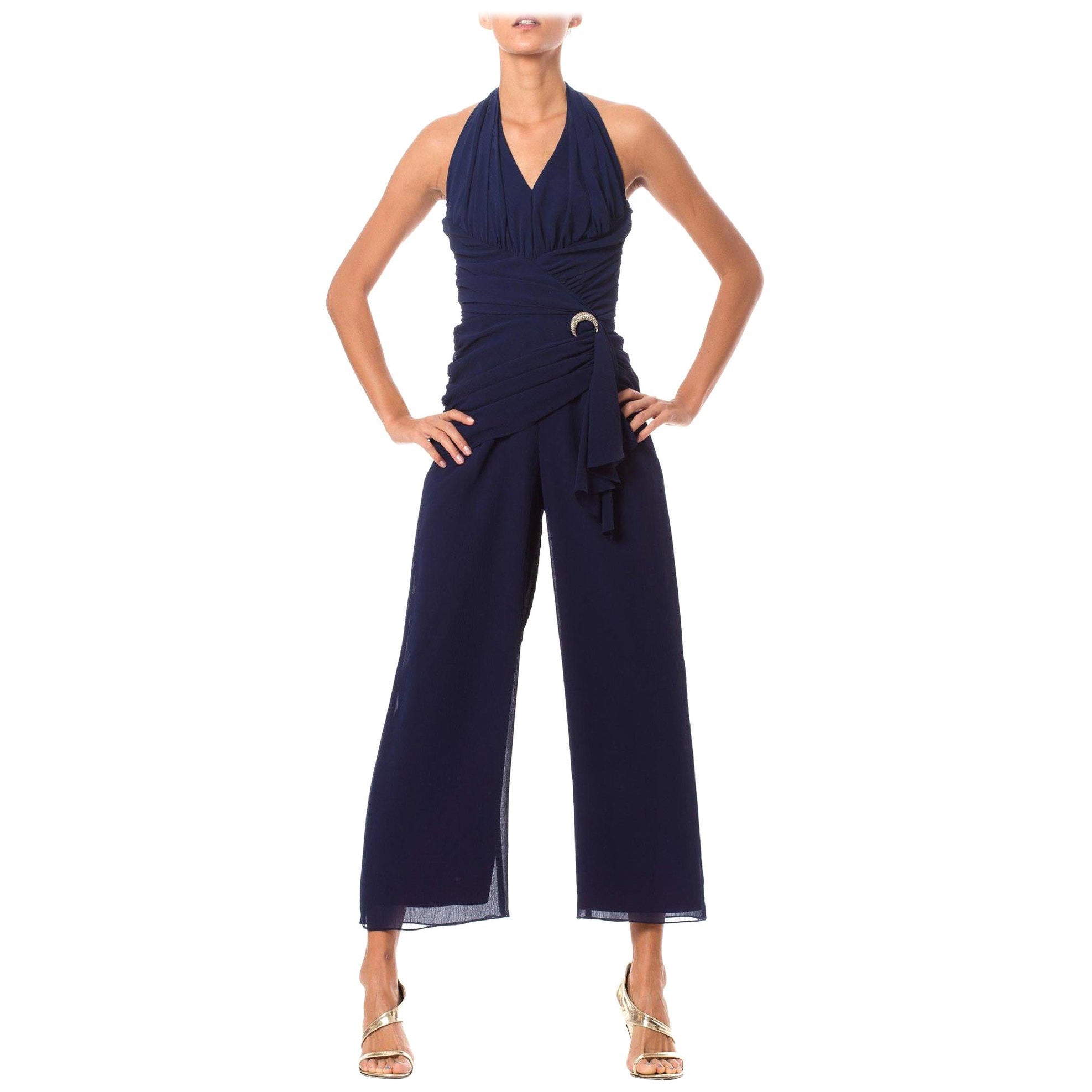 1970S Combinaison à dos nu en polyester mousseline bleu marine avec taille drapée