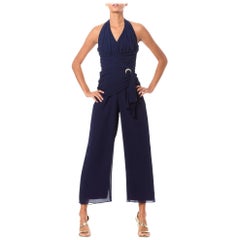 1970S Combinaison à dos nu en polyester mousseline bleu marine avec taille drapée