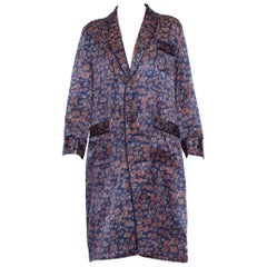 Vintage 1970S Navy Blue Rayon & Cotton Satin Faced Fleece Robe From Paris