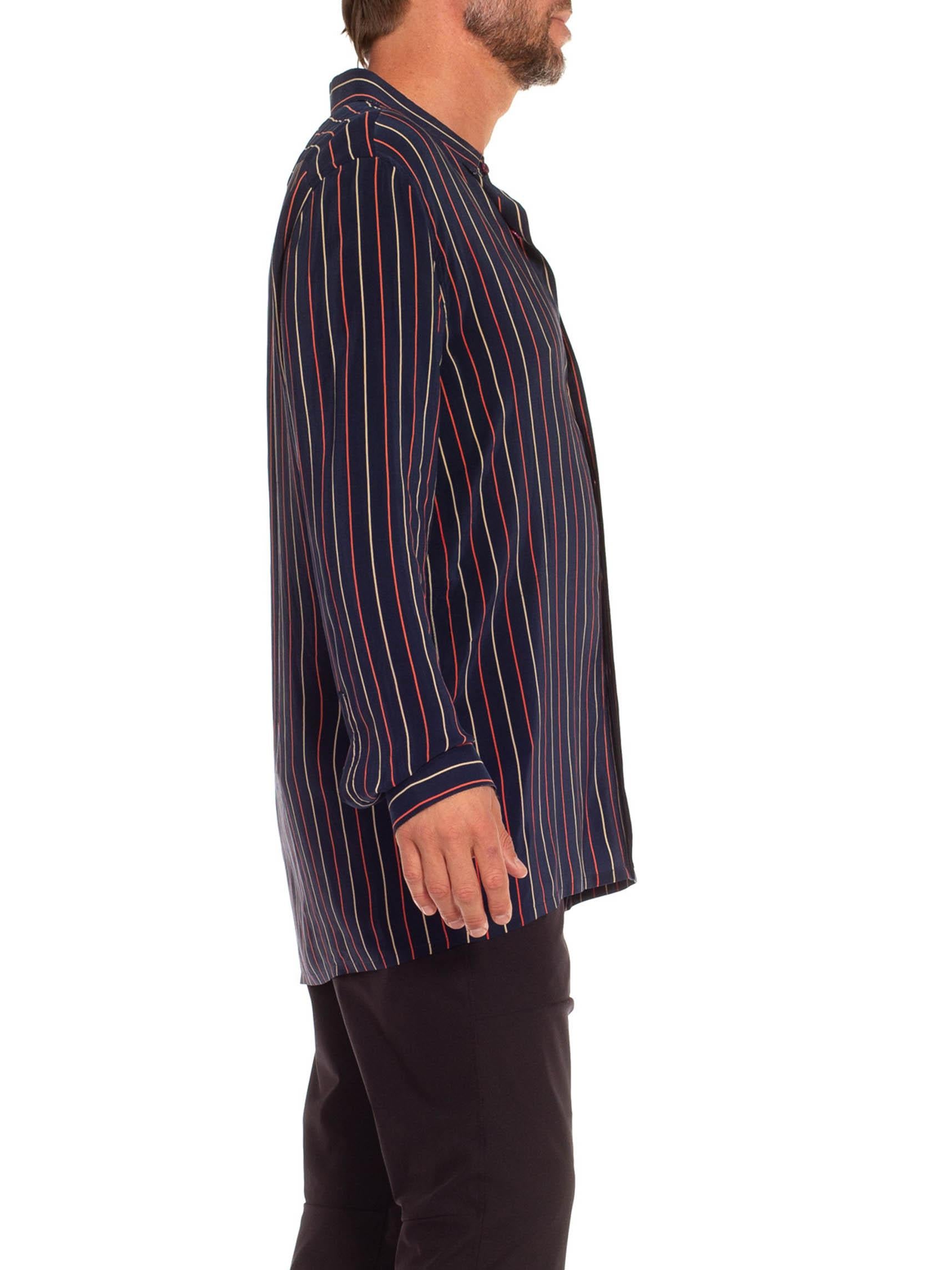 1970S Navy Blue Silk Crepe De Chine Red & White Striped Shirt In Excellent Condition For Sale In New York, NY