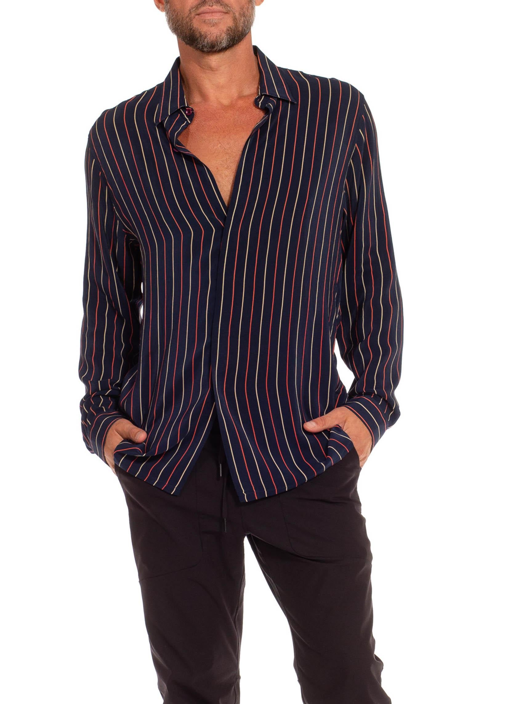 Men's 1970S Navy Blue Silk Crepe De Chine Red & White Striped Shirt For Sale