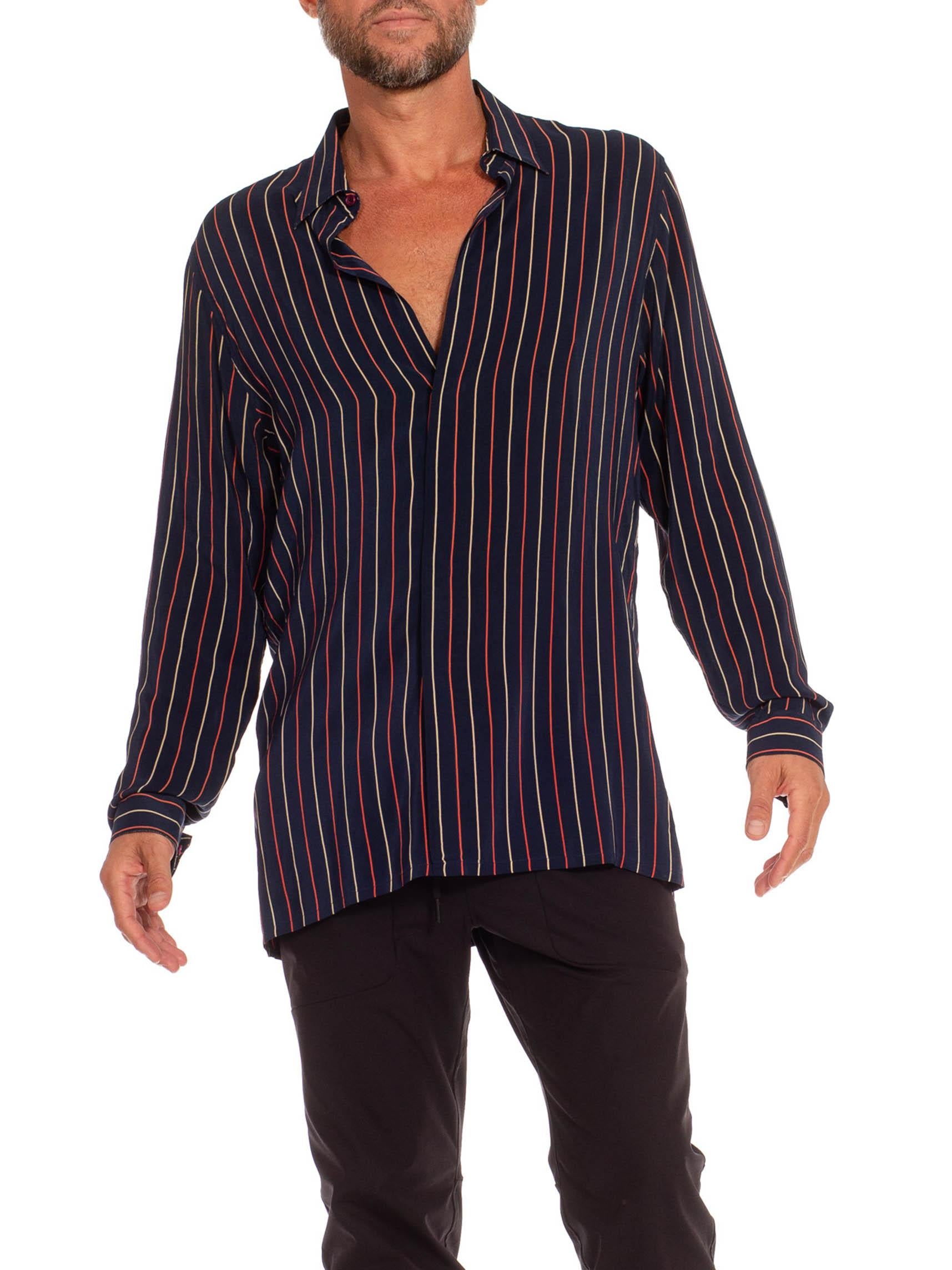 1970S Navy Blue Silk Crepe De Chine Red & White Striped Shirt For Sale 1