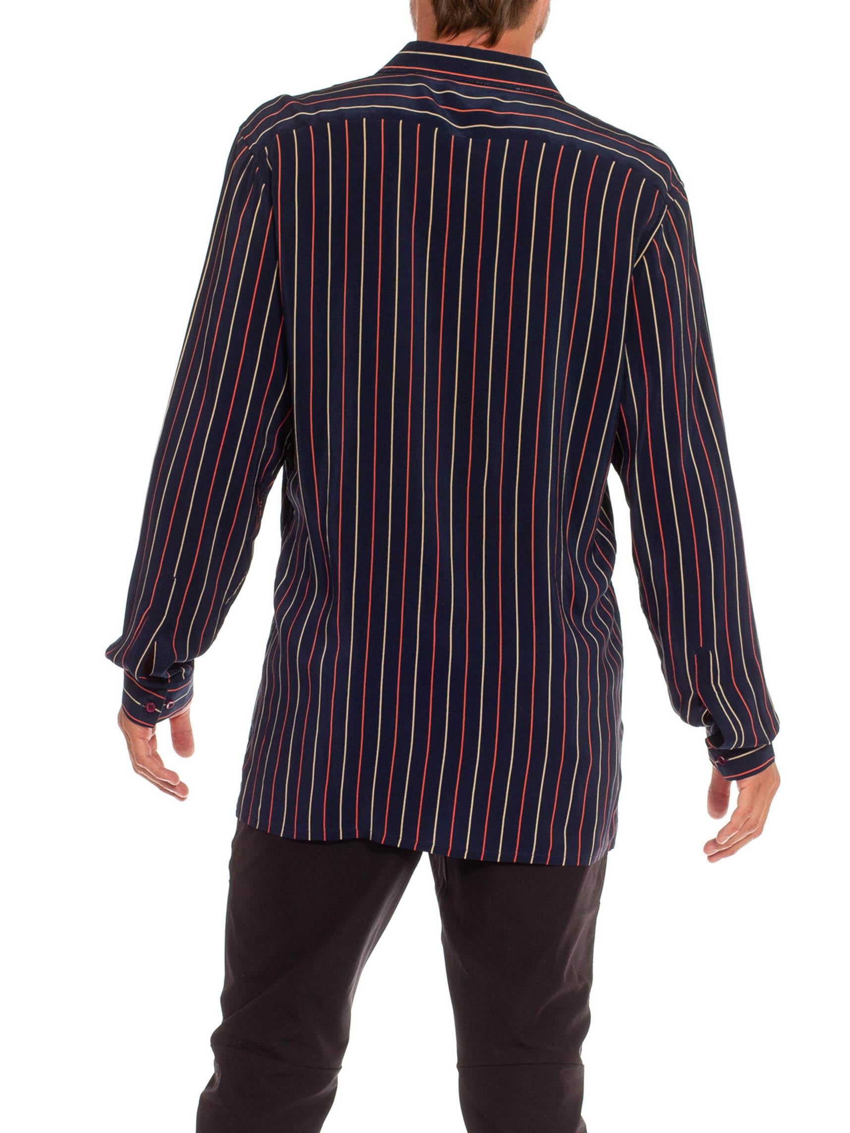 1970S Navy Blue Silk Crepe De Chine Red & White Striped Shirt For Sale 2