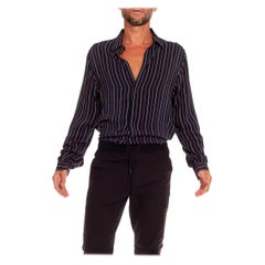 1970S Camisa de seda azul marino de crepé de chine a rayas rojas y blancas