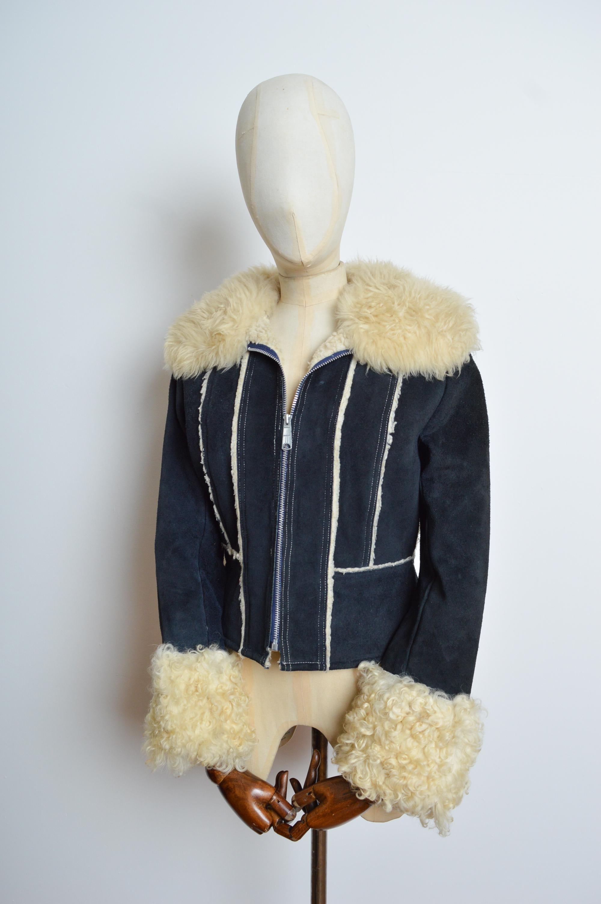 1970’s Navy Blue Suede Penny Lane Curly Sheepskin Coat - Shearling Jacket For Sale 5
