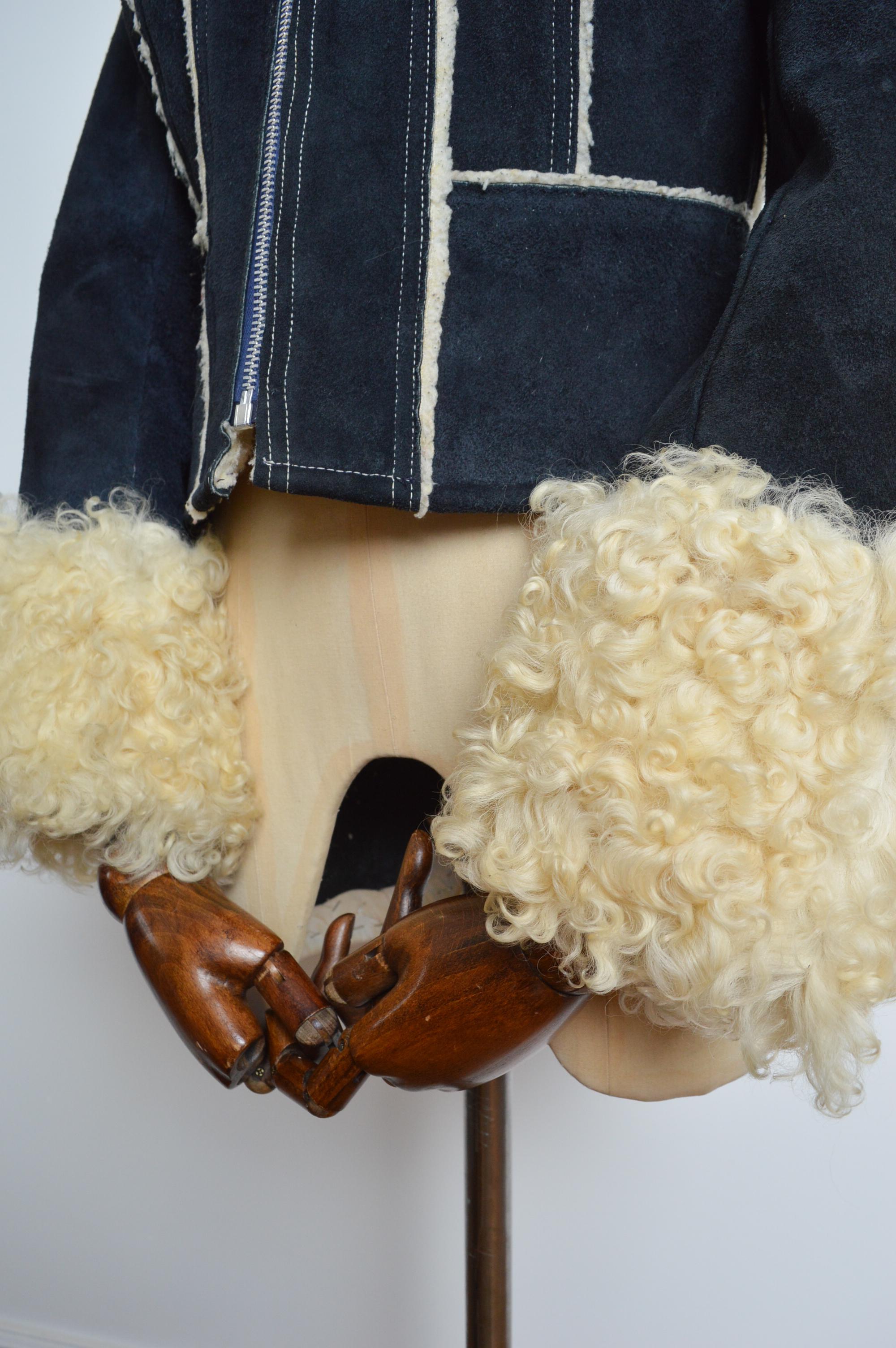 1970’s Navy Blue Suede Penny Lane Curly Sheepskin Coat - Shearling Jacket For Sale 6