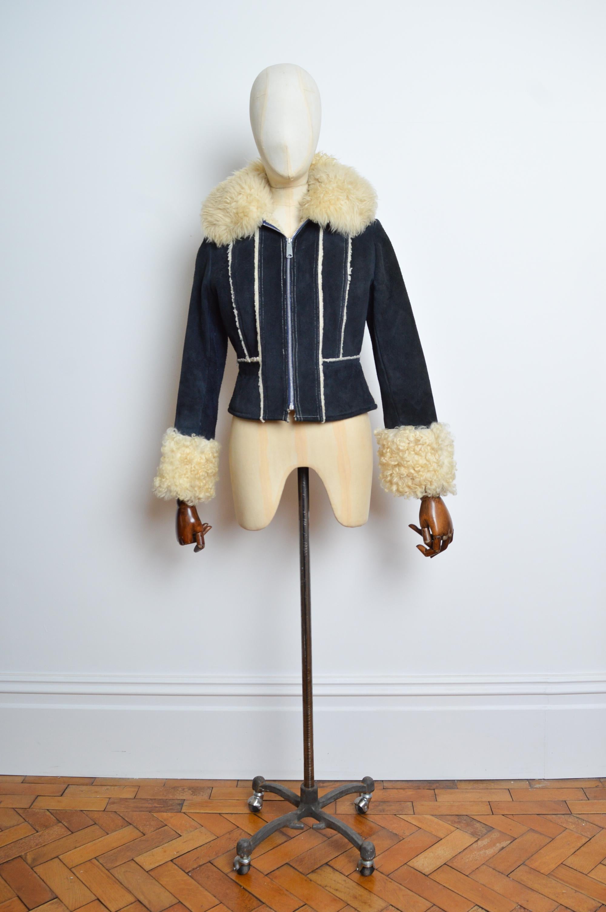 Beige 1970’s Navy Blue Suede Penny Lane Curly Sheepskin Coat - Shearling Jacket For Sale