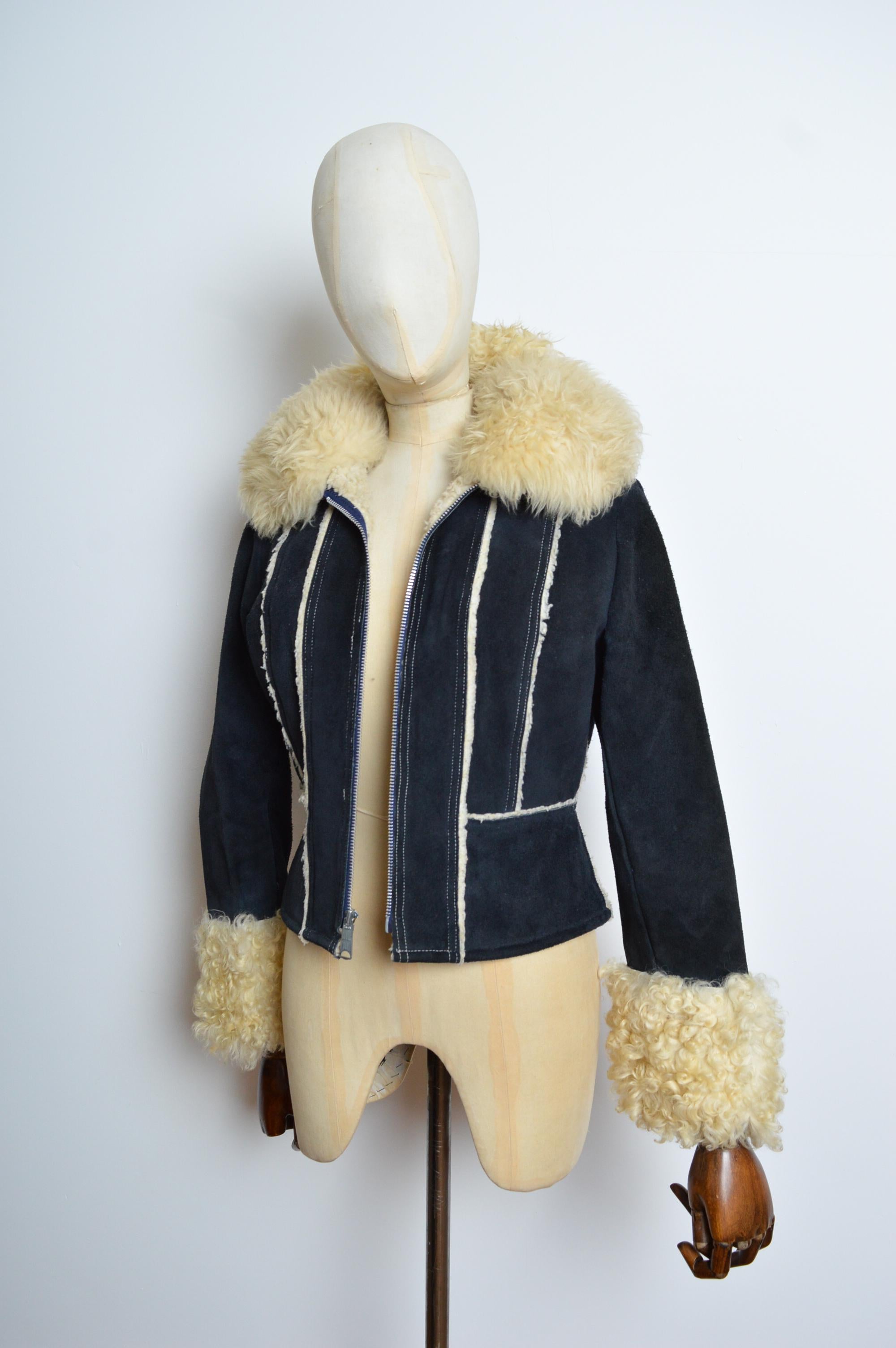 Women's 1970’s Navy Blue Suede Penny Lane Curly Sheepskin Coat - Shearling Jacket For Sale