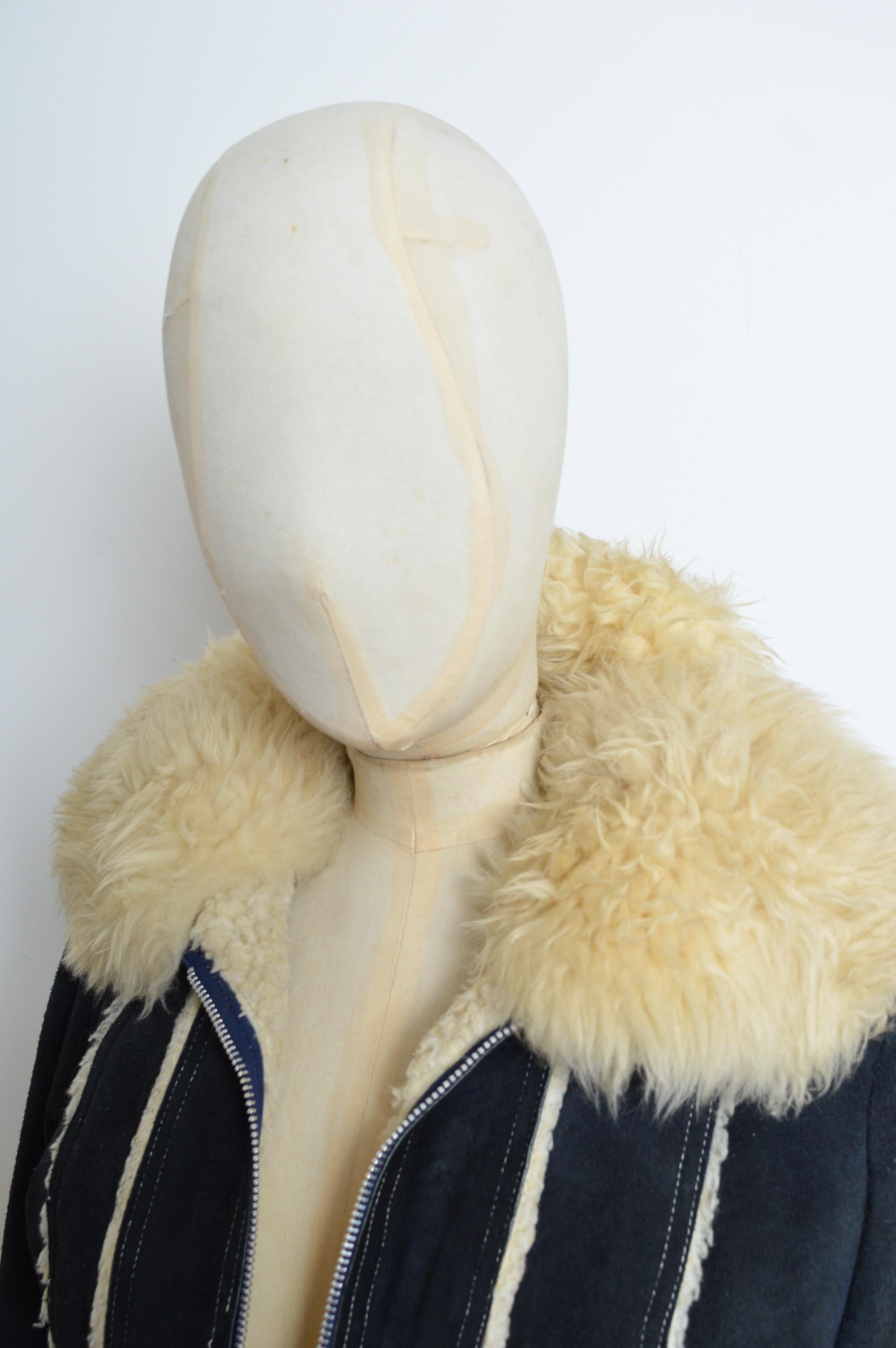 1970’s Navy Blue Suede Penny Lane Curly Sheepskin Coat - Shearling Jacket For Sale 1