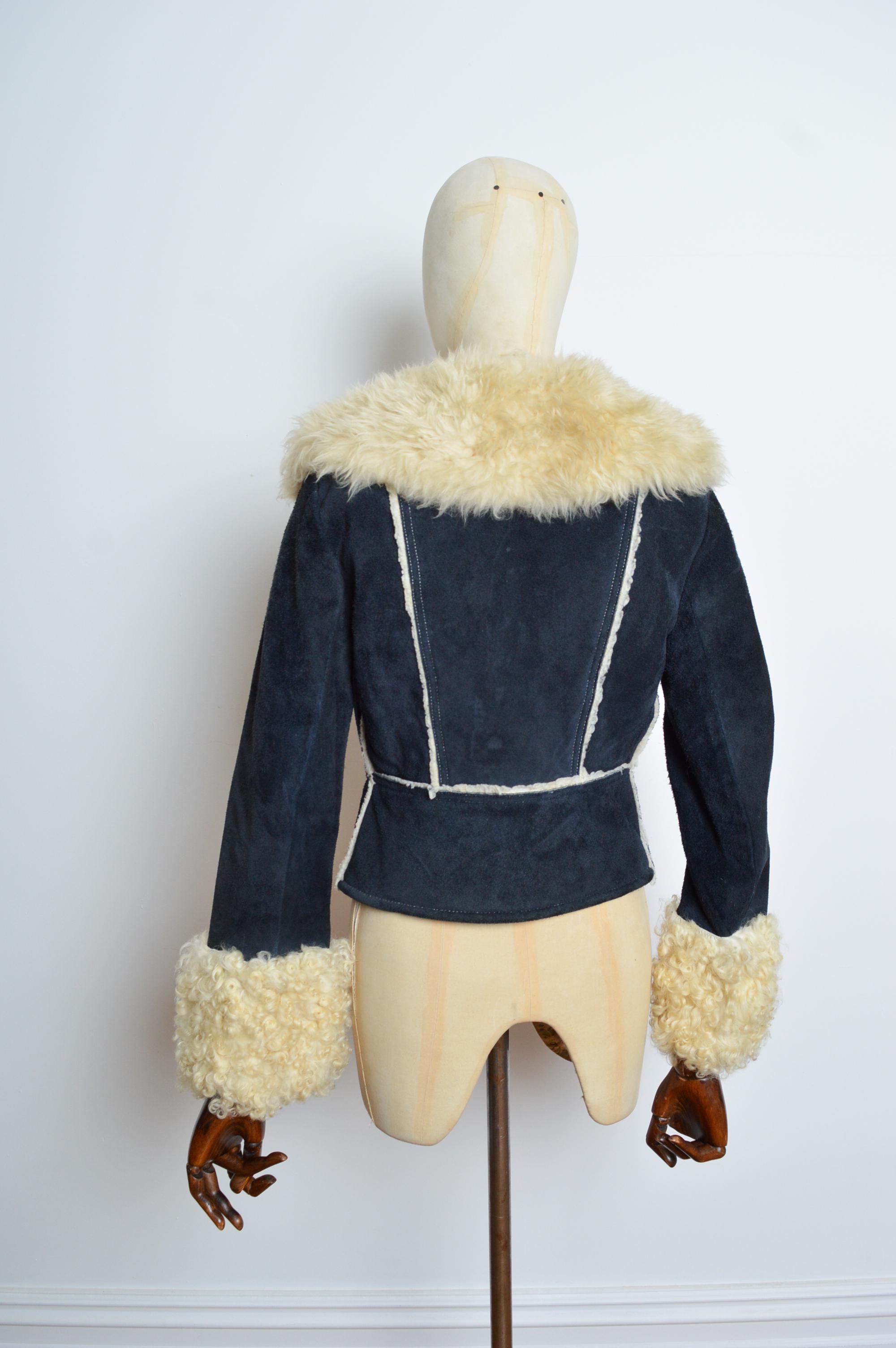 1970’s Navy Blue Suede Penny Lane Curly Sheepskin Coat - Shearling Jacket For Sale 4