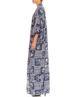 1970S Navy Blue & White Cotton Floral Striped Checkered Print Kaftan
