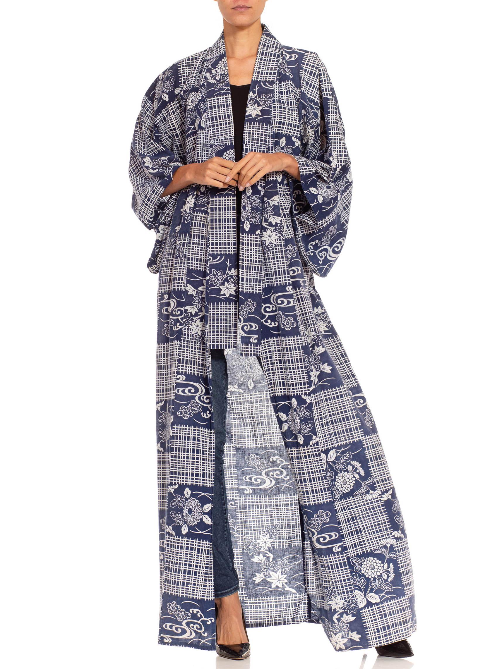 1970S Navy Blue & White Cotton Floral Striped Checkered Print Kaftan For Sale 1