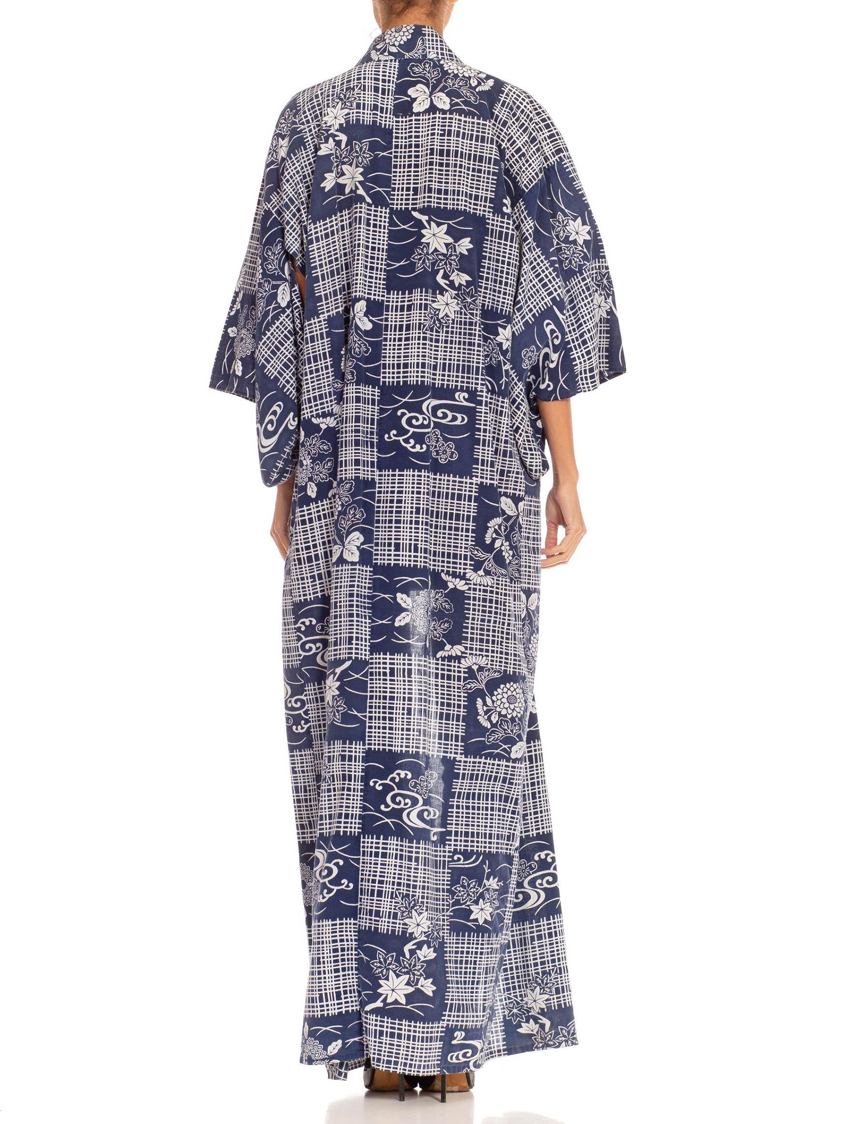 1970S Navy Blue & White Cotton Floral Striped Checkered Print Kaftan For Sale 3