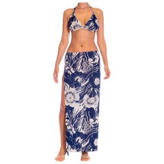1970S Navy Blue 
White Poly Blend Floral Top Skirt Ensemble