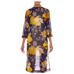 1970S Navy Blue & Yellow Poly Chiffon Leaf Floral Printed High Slit Dress
